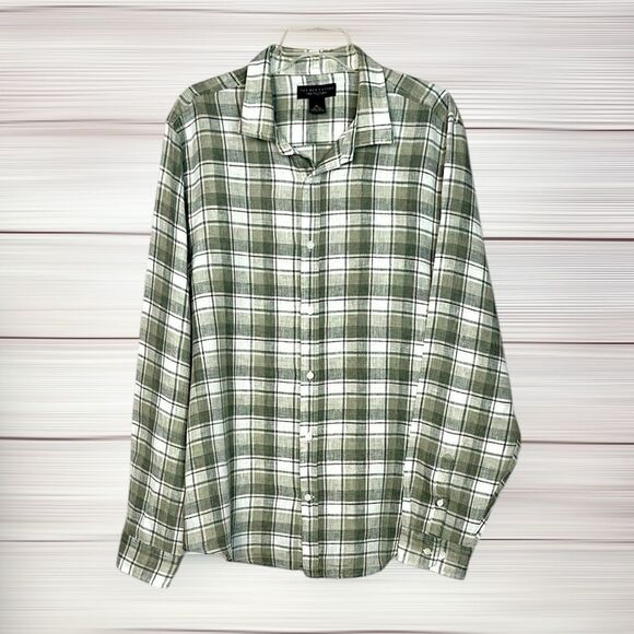 The Men’s Store Bloomingdale’s Linen Shirt Button Up Long Sleeve Green Plaid XL - Picture 2 of 9